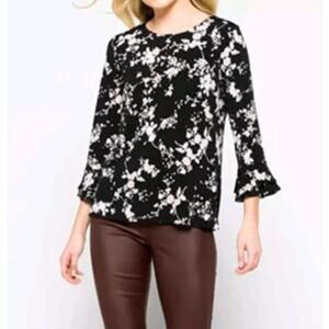 Karl Lagerfeld Yessie Floral Blouse Top Trumpet Flutter Sleeve Black 1X Fairy